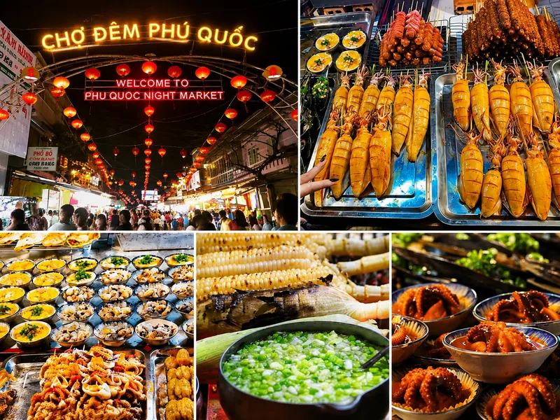 Chợ đêm Phú Quốc là nơi du khách thưởng thức hải sản, đặc sản địa phương và các món ăn đường phố hấp dẫn.
